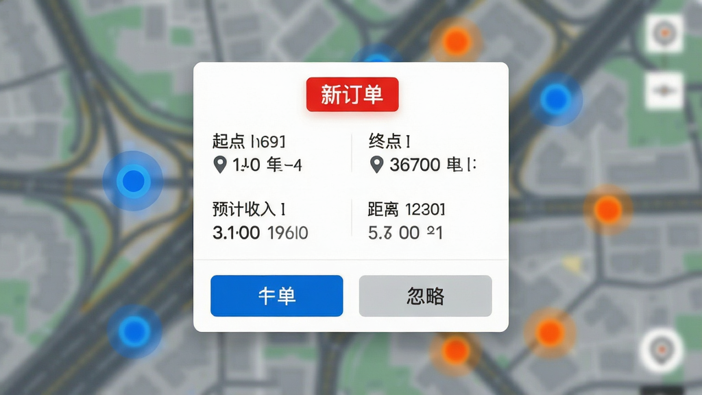 龙运拖车APP的订单推送界面截图,画面中央突出显示一个带有“新订单”标签的卡片,卡片上清晰标注起点、终点、预计收入与距离,卡片下方有“抢单”与“忽略”两个按钮,背景为模糊化的城市道路地图,地图上分布着蓝色与橙色的订单热点圆点,整体风格写实,UI元素排版规整,色彩对比鲜明,画质细腻,无多余元素
