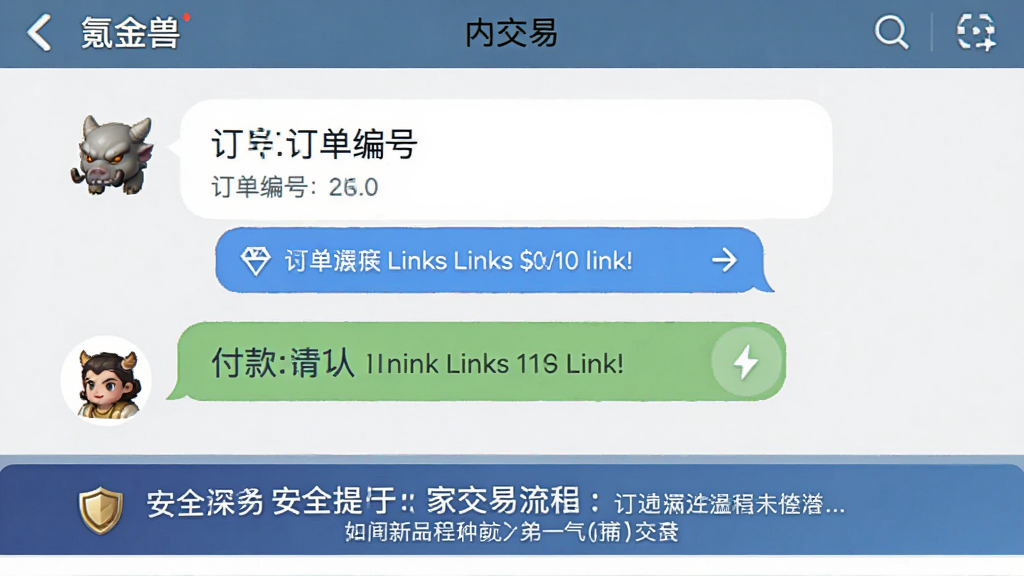 氪金兽应用内交易聊天界面示意图,对话气泡中包含订单编号和付款链接,底部有安全提示横幅,界面清晰展示交易流程指引,风格写实,画质干净,无多余元素。