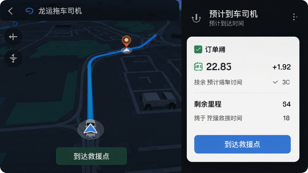 龙运拖车司机端导航界面的模拟图,画面左侧为全屏地图导航视图,显示蓝色行驶路线与车辆实时位置箭头,右侧悬浮卡片展示订单详情与剩余里程,顶部有预计到达时间提示,界面底部为“到达救援点”按钮,整体设计直观,地图风格偏向深色模式,信息层级分明,画质高清,无多余元素