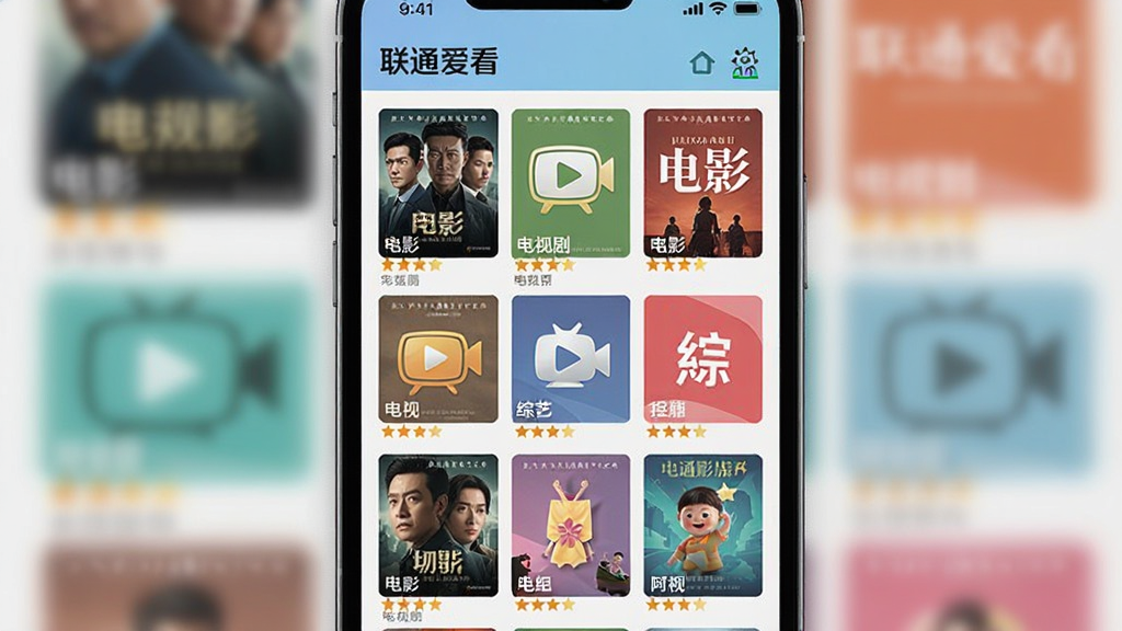 画面主体为手机屏幕展示“联通爱看”的影视分类页面,布局为网格状海报墙,包含电影、电视剧、综艺等分类图标,排版整齐有序,风格扁平化,色彩鲜艳,细节包括每个海报上的片名和评分,画质干净清晰,无多余元素。