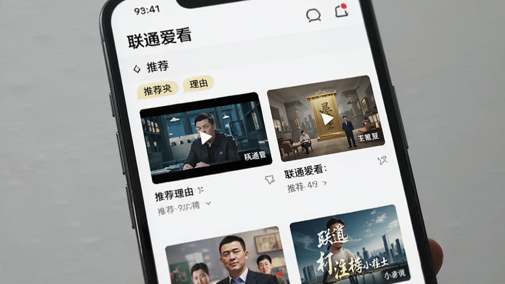 画面主体为手机屏幕展示“联通爱看”的推荐页面,布局为信息流卡片,包含多个视频和小说推荐,风格简约现代,细节包括推荐理由标签和内容封面,画质清晰,无多余元素。