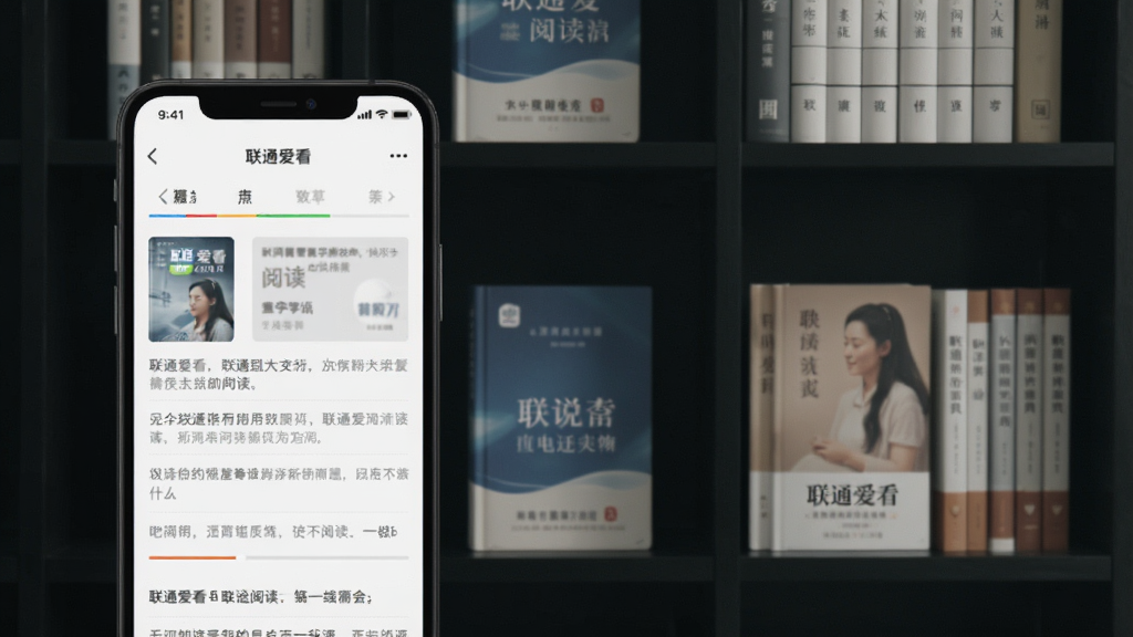 画面主体为手机屏幕显示“联通爱看”的阅读界面,背景是深色书架,书籍排列整齐,布局简洁,风格素雅,细节包括书籍封面和阅读进度条,画质柔和,无多余元素。
