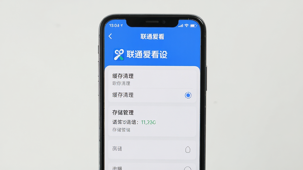 画面主体为手机屏幕显示“联通爱看”的设置页面,背景为纯色,布局简洁,风格清爽,细节包括缓存清理选项和存储管理,画质干净,无多余元素。