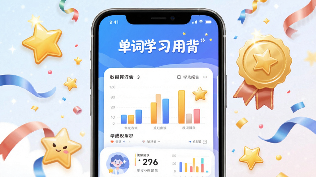 展示“单词不用背”学习报告与成就界面的概念图,画面中央是手机屏幕,屏幕中显示数据统计图表与金色徽章,背景有星星与彩带装饰,风格活泼明亮,细节丰富,画质干净,无多余元素。