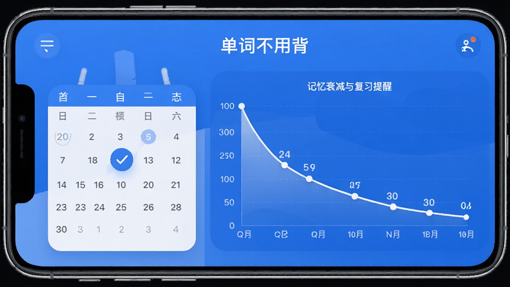 展示“单词不用背”智能记忆曲线功能的界面截图,画面中有日历打卡图与记忆曲线图表,手机界面以蓝白配色为主,图表清晰展示单词记忆衰减与复习提醒点,整体布局规整,风格简洁科技感,细节精致,画质干净,无多余元素。