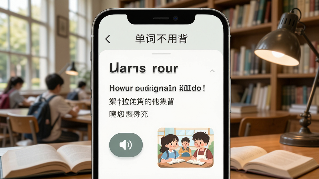 展示“单词不用背”语境例句学习界面的效果图,手机屏幕中显示一个单词配上英文例句与中文翻译,例句下方有发音按钮与配图,背景是模糊的校园或书房场景,风格自然亲和,细节丰富,画质清晰,无多余元素。