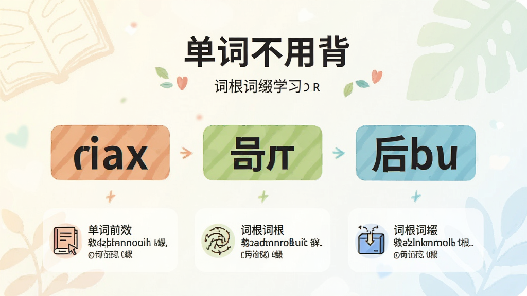 展示“单词不用背”词根词缀学习页面的示意图,画面中一个单词被拆解为前缀、词根、后缀三部分,并用不同颜色高亮标注,下方配有小图标与解释文字,背景淡雅,排版清晰,风格教育感强,细节丰富,画质干净,无多余元素。