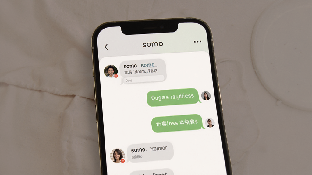 功能预览图 somo有时 私密圈子聊天界面,屏幕显示群聊对话框和成员头像,背景为暖灰色,圆角卡片设计,温馨氛围,高清画质,干净整洁