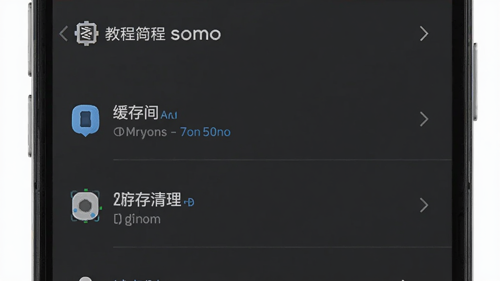 使用教程图 somo有时 应用设置界面,手机屏幕展示存储空间和缓存清理选项,背景为深灰色,简洁列表,高清画质,干净无多余元素