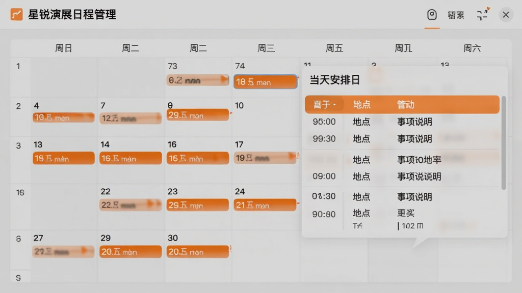 星锐演展日程管理界面,日历视图高亮显示多个活动日期,点击某日弹出当天安排列表,包含时间、地点、事项说明,界面简洁,橙色高亮提示,背景淡灰,排版整齐,画质清晰,干净无多余元素。