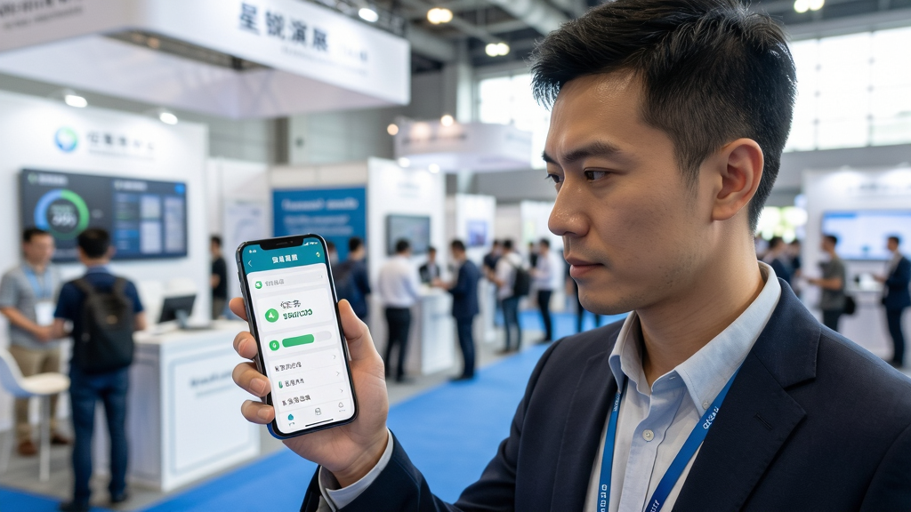 星锐演展手机使用场景图,用户手持手机查看项目进度,背景为展会现场,画面明亮,人物专注,手机界面显示任务完成状态,自然光,摄影风格,细节丰富,画质清晰,干净无多余元素。