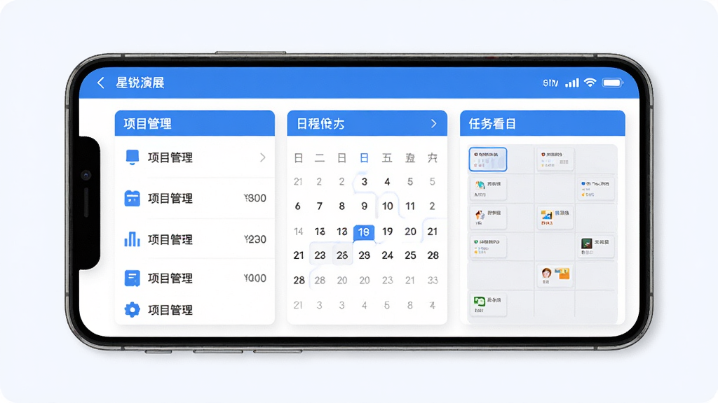 星锐演展主界面预览图,手机屏幕显示项目管理列表、日程日历、任务看板三大模块,界面简洁现代,以蓝色为主色调,白色背景,扁平化设计,图标清晰,整体布局规整,画质高清,干净无多余元素。
