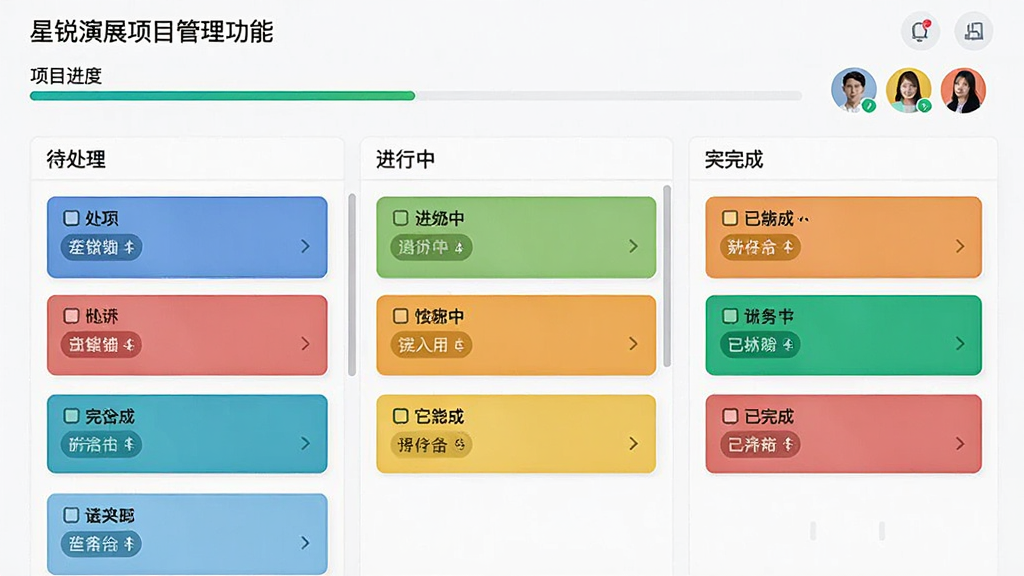 星锐演展项目管理功能截图,展示任务看板界面,不同颜色的任务卡片按状态分为待处理、进行中、已完成三列,顶部有项目进度条和成员头像,界面清晰,信息层级分明,风格专业,画质高清,干净无多余元素。