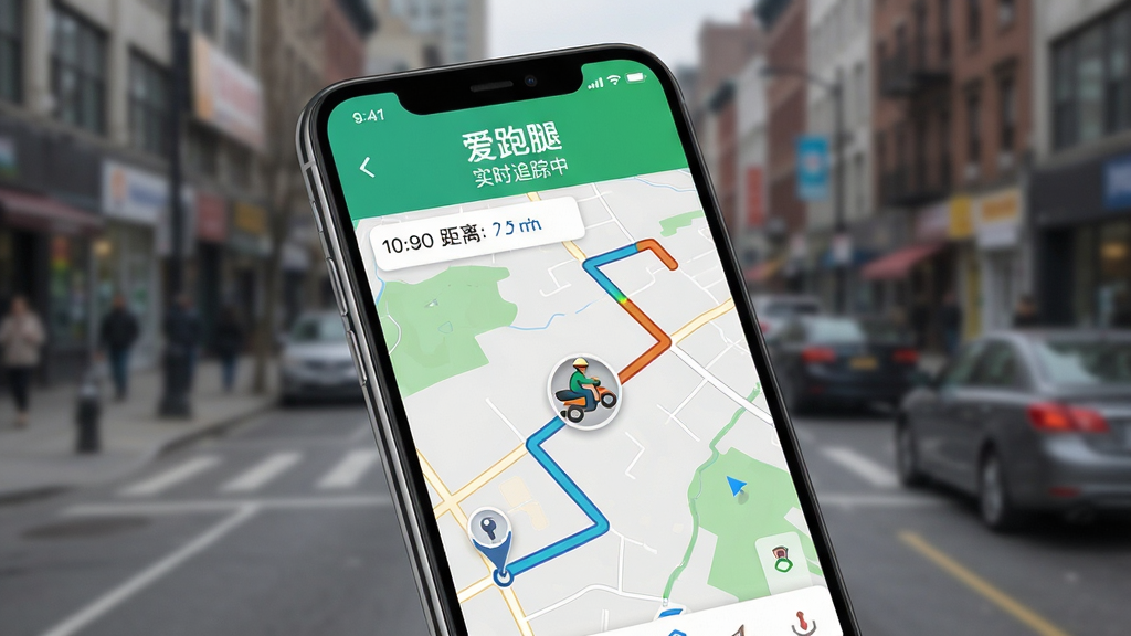 展示爱跑腿全程轨迹追踪功能的示意图,主体为一部智能手机,手机屏幕显示地图界面,地图上有一条从起点到终点的彩色路线,并有一个骑手图标正在沿路线移动,屏幕上方显示“爱跑腿”和“实时追踪中”字样。布局以手机为中心,手机略微倾斜,背景为模糊的街道实景。排版简洁,突出屏幕内容。风格为写实与UI结合,细节包括手机边框、屏幕上的时间、距离信息、以及代表骑手的小人图标。画质清晰,干净无多余元素。