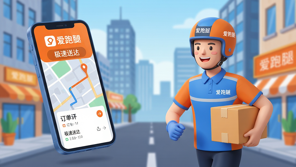 一张展示爱跑腿APP核心场景的宽幅数字插画,主体为一名穿着统一制服、手持包裹的跑腿骑手,正微笑快步行走在繁华都市街道上,背景是模糊的写字楼和商铺,画面左侧悬浮着手机界面,显示“爱跑腿”LOGO和“极速送达”字样。布局采用左右平衡构图,骑手居右,手机界面居左,视觉中心突出。排版干净利落,色彩明亮清新,以橙色和蓝色为主色调。风格为现代扁平插画结合轻微3D质感,细节包括骑手头盔上的“爱跑腿”小标识、手机屏幕上的地图路线和订单信息。画质高清,干净无多余元素。