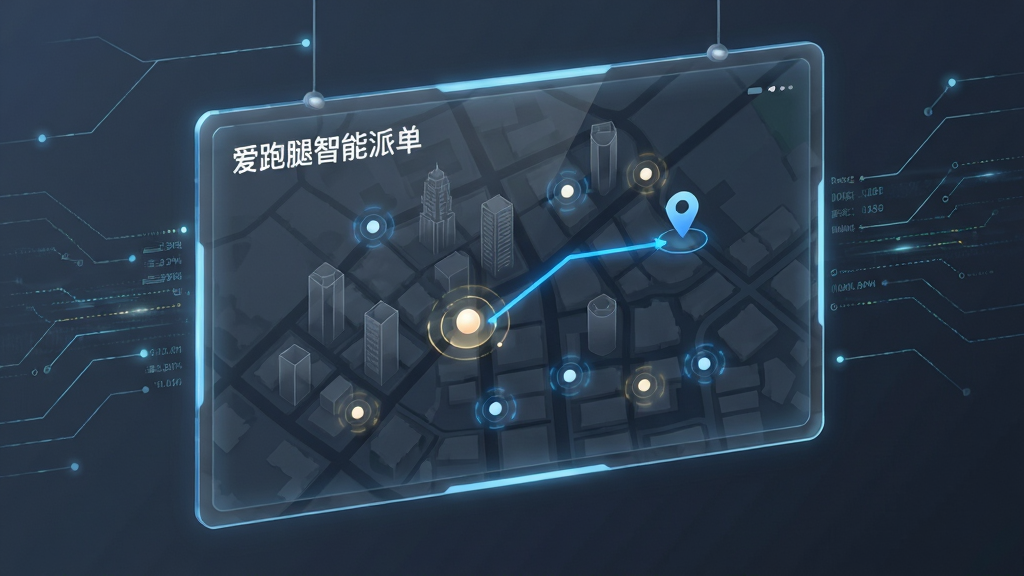 展示爱跑腿智能派单功能的概念图,主体为一块悬浮的透明屏幕,屏幕中央显示城市地图,地图上有多个光点代表骑手,其中一个光点被高亮并连接一条蓝色路线到达用户位置,屏幕左上角显示“爱跑腿智能派单”文字。布局以屏幕为中心,周围环绕着简洁的科技感线条和数据流动效果。排版清晰,突出地图和路线。风格为科技感UI设计,细节包括地图上的建筑轮廓、光点的脉冲动画效果(静态图表现)、以及屏幕边缘的发光边框。画质精致,干净无多余元素。