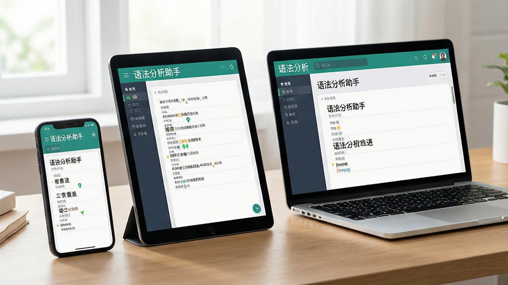 一张多设备使用场景图,主体是智能手机、平板和笔记本电脑并排摆放,屏幕上均显示着