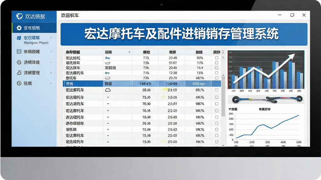 一张展示宏达摩托车及配件进销存管理系统主界面的电脑截图,界面包含左侧功能菜单栏、中央库存数据表格、上方统计图表,整体风格简洁商务,色彩以蓝色和白色为主,画面干净清晰,突出软件名称“宏达摩托车及配件进销存管理系统”的欢迎界面,布局规整,细节丰富,高画质,无多余元素