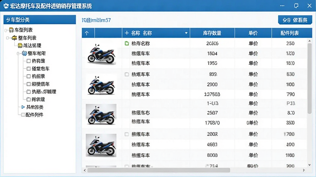 宏达摩托车及配件进销存管理系统软件界面中,展示整车列表与配件列表切换的页面,左侧为车型分类树,右侧为详细数据表格,包含车型图片、名称、库存数量、单价等列,界面采用蓝白配色,布局清晰,画质细腻,无多余元素