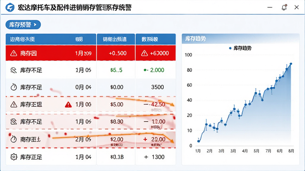 宏达摩托车及配件进销存管理系统库存预警界面,显示库存不足的商品列表,红色高亮警示,右侧为库存趋势图,界面以白色为底,蓝色点缀,数据清晰,画质干净,无多余元素