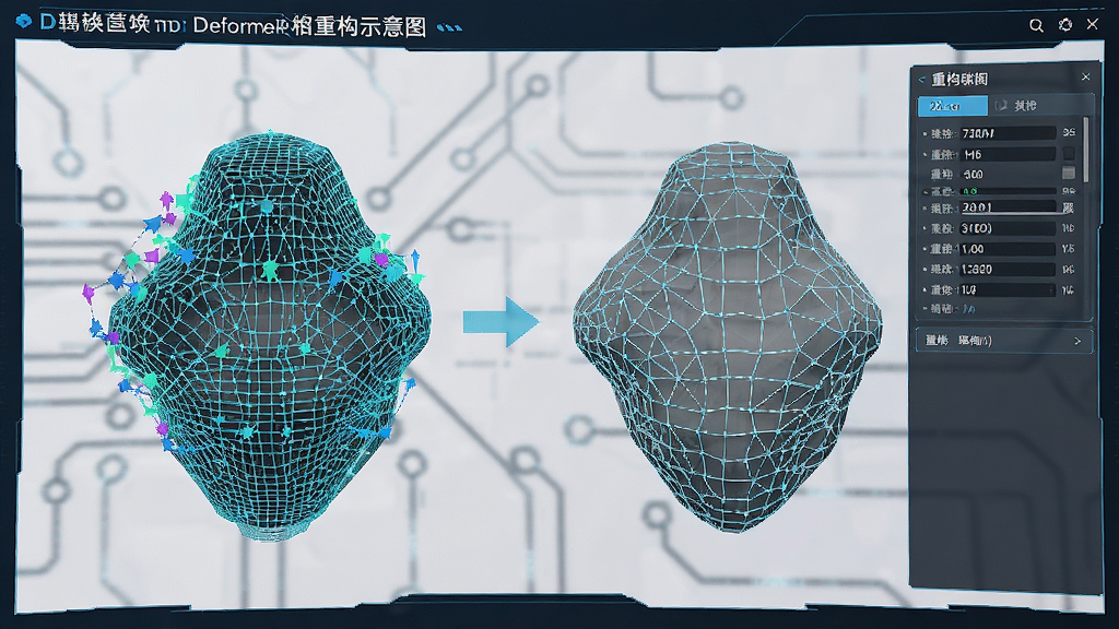 Deformer网格重构功能示意图,展示高密度网格转换成低密度网格,模型表面拓扑线清晰,界面显示重构参数,科技感风格,干净细致。