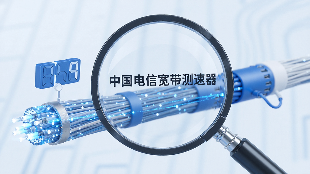 主体:一个放大镜正在审视一条光缆,光缆旁有数字速度标识;布局:放大镜居中,光缆从左侧延伸至右侧;排版:简洁直观;风格:3D渲染风格,蓝白科技色;细节:放大镜镜片上有“中国电信宽带测速器”文字,光缆表面有数据流光点;画质:细腻,干净,无多余元素。