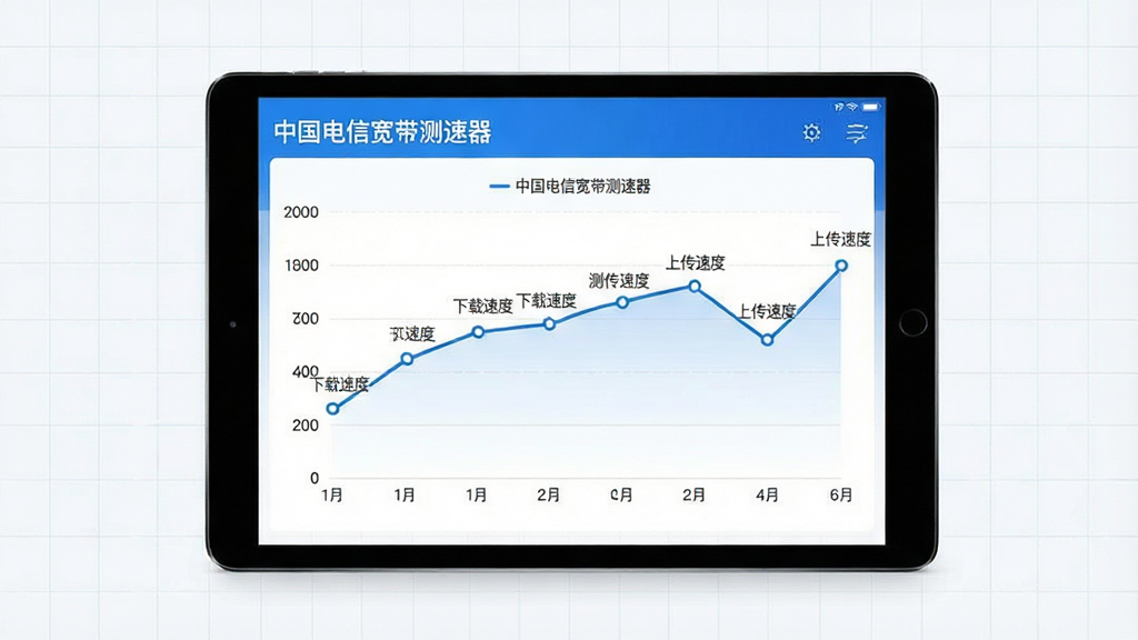 主体:一台平板电脑展示折线统计图,统计图上有多个测速数据点;布局:平板居中,背景有淡淡的网格线;排版:简洁大方;风格:商务数据可视化风格,蓝白配色;细节:平板屏幕上有“中国电信宽带测速器”字样,折线图标注“下载速度”和“上传速度”;画质:高清,干净,无多余元素。