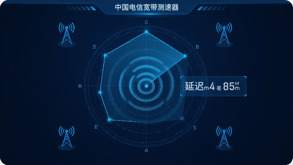 主体:一个雷达图界面,中心点发出信号波纹,旁边有延迟数值显示;布局:雷达图居中,四周散布信号塔图标;排版:对称平衡;风格:科技感UI设计,蓝色调为主;细节:雷达图上有“中国电信宽带测速器”标识,延迟数值以毫秒为单位;画质:清晰,干净,无多余元素。