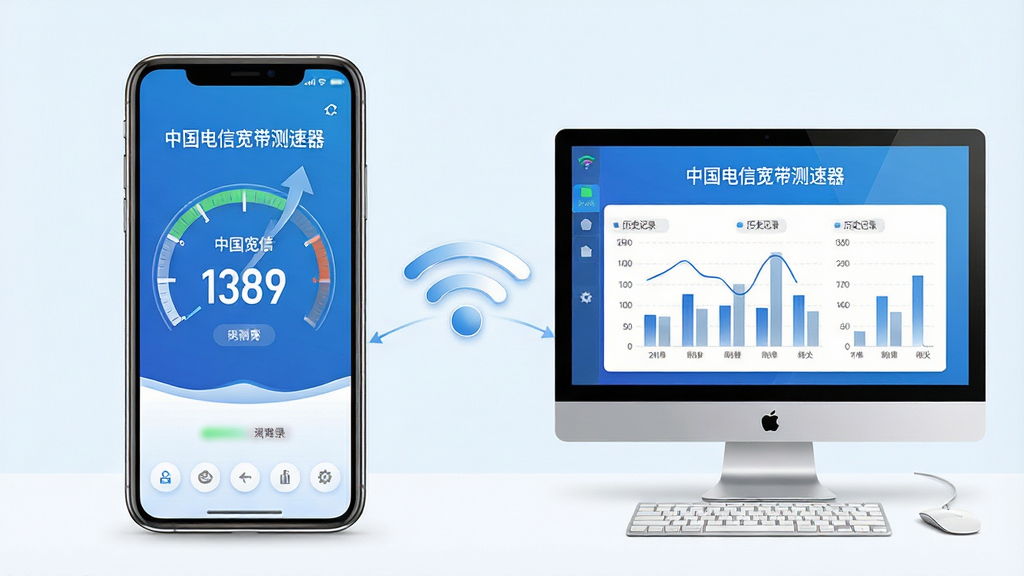 主体:一部智能手机和一台电脑并排显示测速结果,屏幕上都有“中国电信宽带测速器”字样;布局:手机在左,电脑在右,中间有WiFi符号连接;排版:对称;风格:写实与插画结合,蓝白配色;细节:手机屏幕显示测速数值,电脑屏幕显示历史记录图表;画质:高分辨率,干净,无多余元素。
