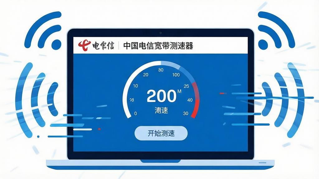 主体:一台笔记本电脑屏幕显示中国电信宽带测速器的测速界面,界面有速度仪表盘和“开始测速”按钮;布局:电脑居中,周围环绕WiFi信号波纹和速度线条;排版:简洁科技感;风格:现代扁平化插画,蓝白主色调,电信品牌色点缀;细节:屏幕中显示“中国电信宽带测速器”字样,数字速度值清晰可见;画质:高清,干净,无多余元素。