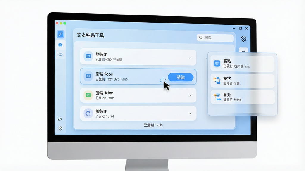 主体:一台现代电脑屏幕前,显示着“文本粘贴工具”软件主界面,界面中清晰列出多条历史复制记录,旁边悬浮着粘贴快捷操作面板。布局:软件界面占据画面中心,周围留白,突出功能展示。排版:界面窗口采用清爽的卡片式布局,每条记录以圆角矩形展示,并附有类型小图标。风格:科技感与简约风结合,色彩以浅蓝和白色为主,界面透亮干净。细节:屏幕中可以看到鼠标指针点击某条记录,并弹出“粘贴”按钮;界面右上角有搜索框和设置齿轮图标,界面底部显示“已复制 12 条”字样。画质:高清渲染,细节丰富,干净无多余元素。