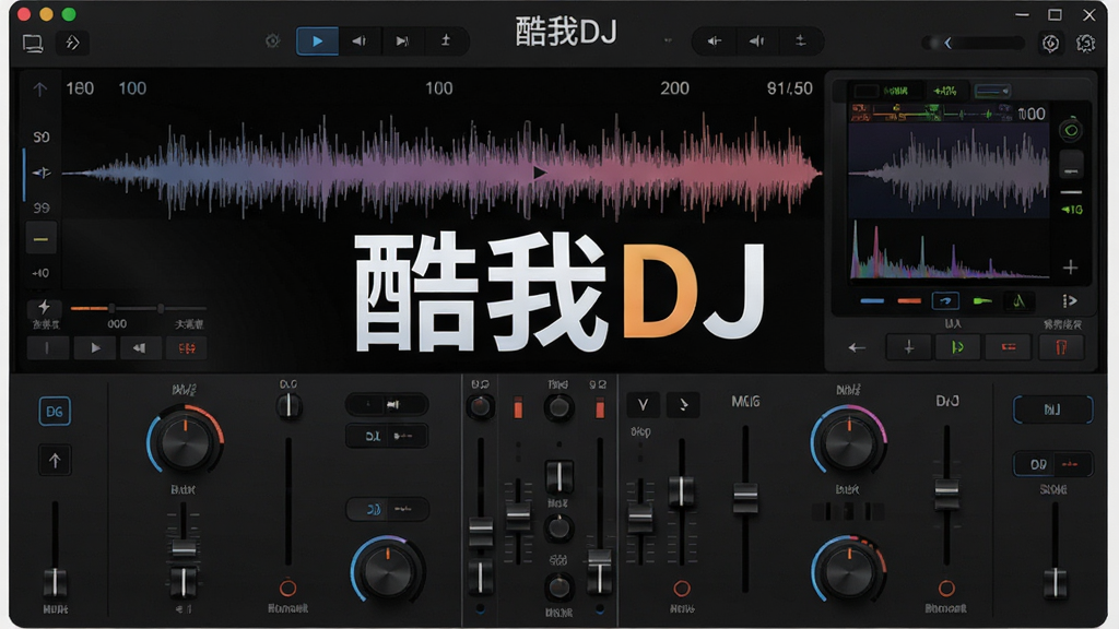 一张展示酷我DJ软件主界面的高清图片,界面包含深色主题、波形频谱与混音控制台,中央显示“酷我DJ”字样,布局专业且富有科技感,画质细腻干净,无多余元素