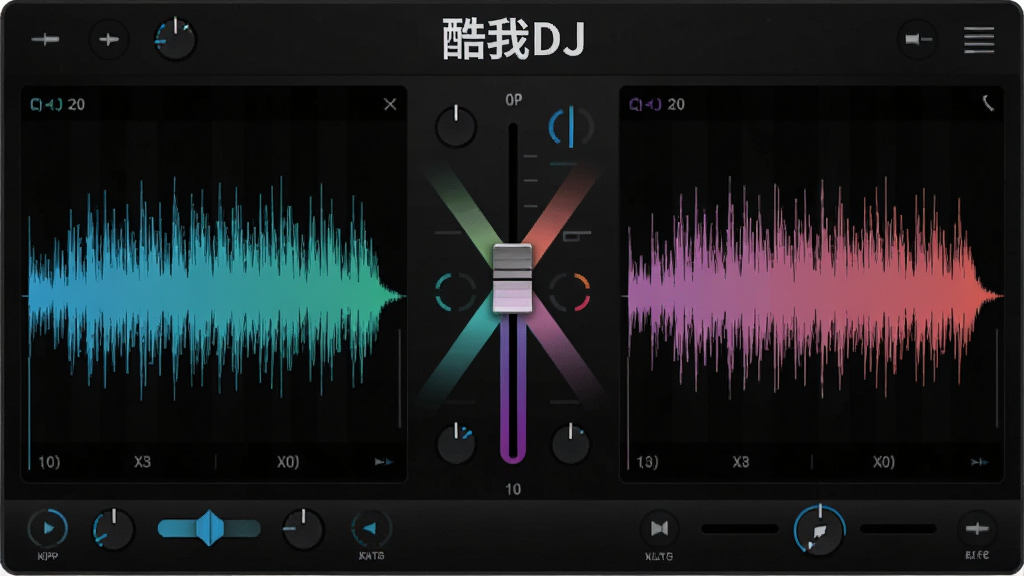 展示酷我DJ双播放通道混音界面的图片,左右两个波形窗口,中间有交叉渐变推杆,标注“酷我DJ”字样,界面深色简洁,科技感强,画质清晰,无多余元素