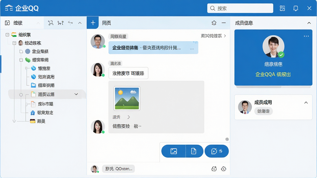 主体-企业QQ软件主界面,布局-左侧清晰的组织架构树形列表,中间为与同事的聊天窗口,右侧显示详细的成员信息卡片,排版-界面整洁有序,风格-扁平化商务办公风格,主色调为蓝色与白色,细节-聊天窗口包含文字、图片、文件传输功能按钮,顶部设有搜索栏,画质-高清,干净,无多余元素