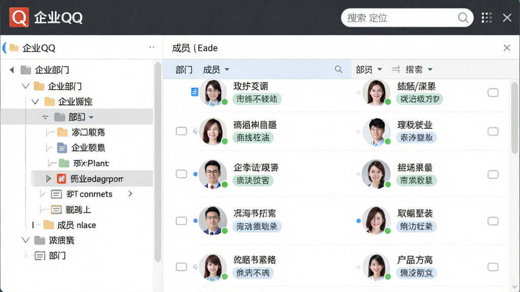 主体-企业QQ的通讯录管理界面,布局-左侧为多级部门树形菜单,右侧展示部门下成员列表,每个成员带有职位标签,排版-信息层级分明,风格-专业企业管理软件风格,细节-顶部有搜索定位功能,成员头像旁显示在线状态,画质-清晰,干净,无多余元素