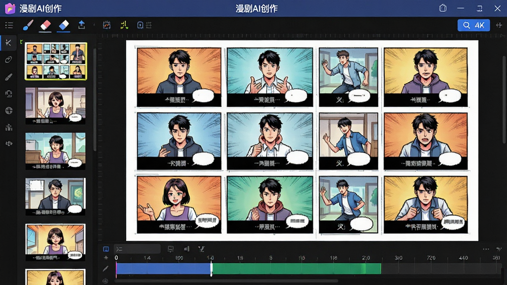 主体:漫剧AI创作的分镜排版界面,展示一个漫画页面,由多个分镜格子组成,每个格子里有不同的人物动作。布局:左侧是分镜缩略图列表,右侧是主编辑区,底部是时间轴。排版:分镜格子整齐排列,每个格子下方有对白气泡。风格:漫画风格,线条流畅,色彩鲜艳。细节:屏幕上有“漫剧AI创作”的标题栏,工具栏有画笔、橡皮擦等图标。画质:4K高清,干净,无多余元素。