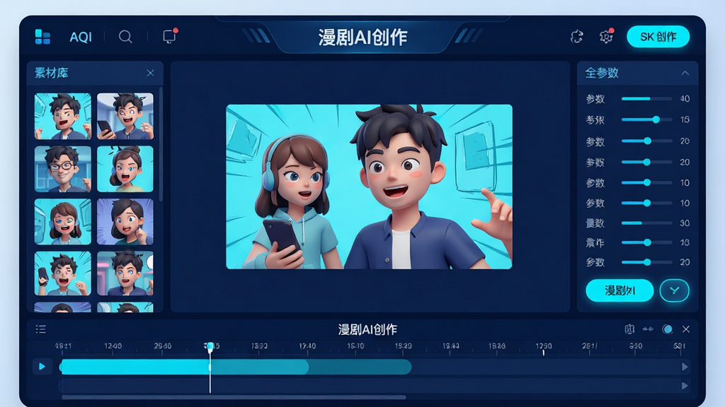 主体:漫剧AI创作软件界面,展示一个充满未来感的AI创作工作台,屏幕中有一个正在生成的动态漫画分镜,人物表情生动。布局:左侧为素材库,中间为画布区域,右侧为参数调节面板,底部为时间轴。排版:界面布局清晰,工具图标排列整齐,色彩以深蓝和亮青为主,科技感十足。风格:扁平化UI设计结合3D渲染效果,光影柔和。细节:屏幕上有文字“漫剧AI创作”,按钮带有发光效果。画质:8K超高清,干净,无多余元素。