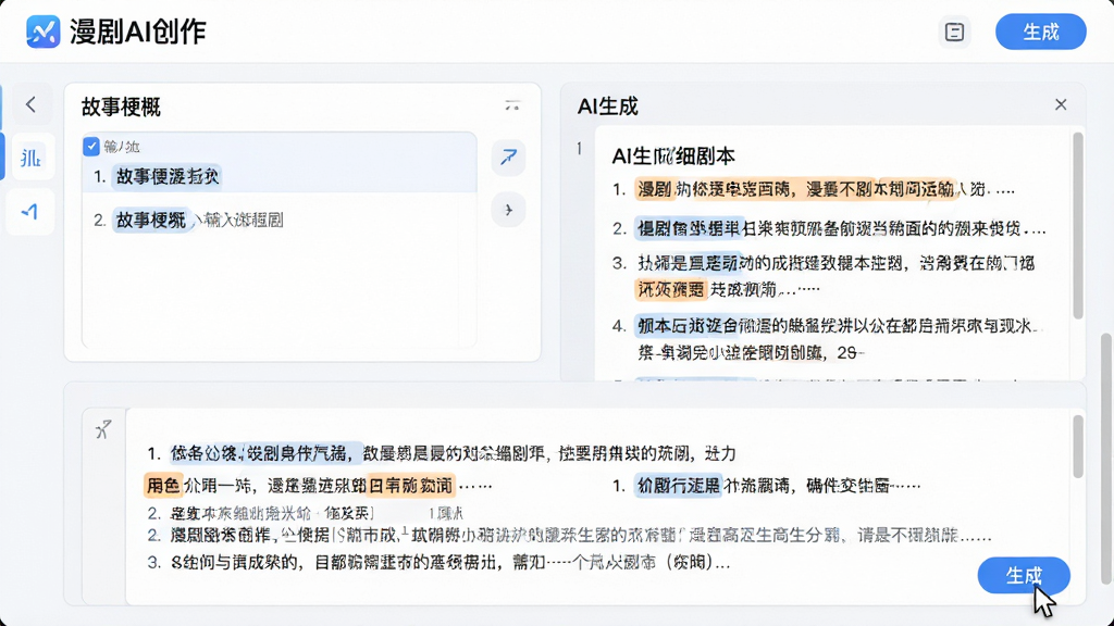 主体:漫剧AI创作软件的智能剧本编辑界面,屏幕上显示一个剧本大纲,左侧是故事梗概输入框,右侧是AI生成的详细剧本。布局:上下分栏,上方为输入区,下方为生成的剧本预览。排版:文字排版清晰,有段落编号和角色名高亮。风格:简洁的浅色背景,搭配蓝色和橙色的高亮。细节:屏幕上有“漫剧AI创作”的Logo,鼠标指针正在点击“生成”按钮。画质:超高清,干净,无多余元素。