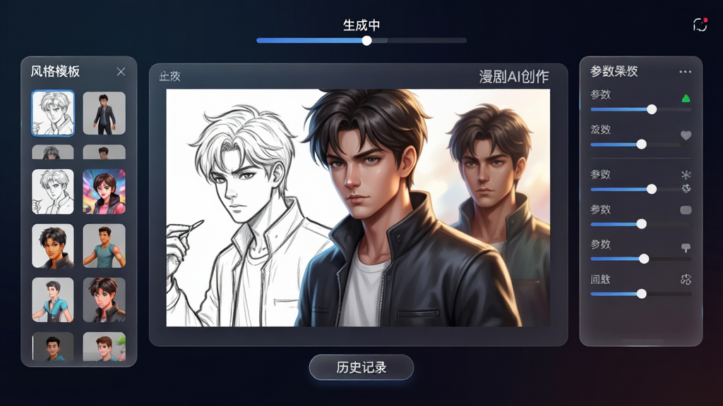 主体:漫剧AI创作的AI绘画界面,展示一个正在生成的漫画场景,从线稿到上色完成的过程。布局:中央是画布,左侧是风格模板选择,右侧是参数调节。排版:画布上方有“生成中”的进度条,下方有“历史记录”按钮。风格:半透明面板设计,未来感十足,背景为深色渐变。细节:画布中的人物细节丰富,光影效果逼真,屏幕上显示“漫剧AI创作”的水印。画质:8K超高清,干净,无多余元素。