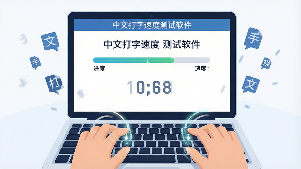 主体:一台笔记本电脑屏幕上显示中文打字测试界面,键盘特写;布局:电脑居中,键盘位于下方,屏幕上有“中文打字速度测试软件”文字标识;排版:屏幕内展示打字进度条与速度数字;风格:现代扁平化插画风;细节:手指敲击键盘带轻微动态光效,屏幕周围有飘动的文字符号;画质:高清渲染,干净,无多余元素