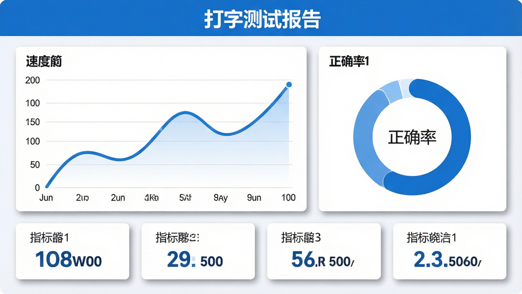 主体:数据统计图表界面,标题“打字测试报告”;布局:左侧为速度折线图,右侧为正确率环形图,底部为指标数值卡片;排版:图表清晰,数字醒目;风格:简洁商务风,蓝白配色;细节:图表线条流畅,卡片带阴影;画质:高清,干净,无多余元素