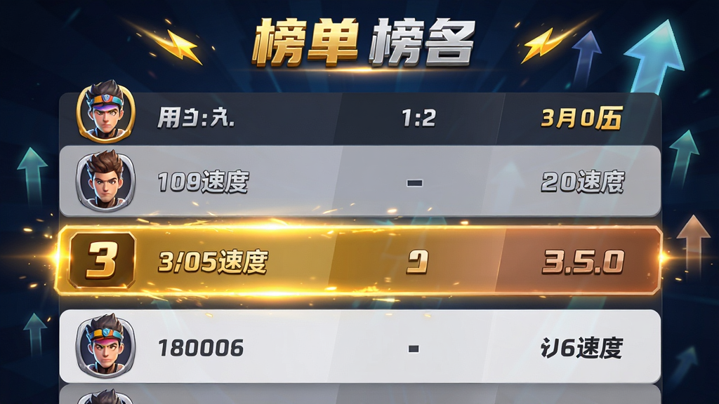 主体:排行榜界面,显示用户名与速度排名;布局:顶部为榜单标题,下方为表格列表,前三名高亮;排版:金色、银色、铜色区别前三,其余灰白相间;风格:游戏化UI风格,动态光效;细节:头像与速度数字,背景有上升箭头;画质:高清渲染,干净,无多余元素