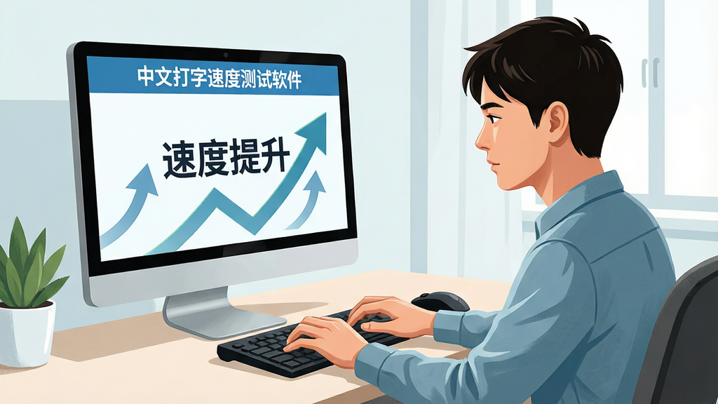 主体:人物坐在电脑前练习打字,屏幕显示“中文打字速度测试软件”;布局:人物侧身坐姿,电脑屏幕面向观众;排版:屏幕上有“速度提升”字样,周围有上升的箭头线条;风格:清新写实插画风;细节:人物神情专注,桌面整洁;画质:高清,干净,无多余元素