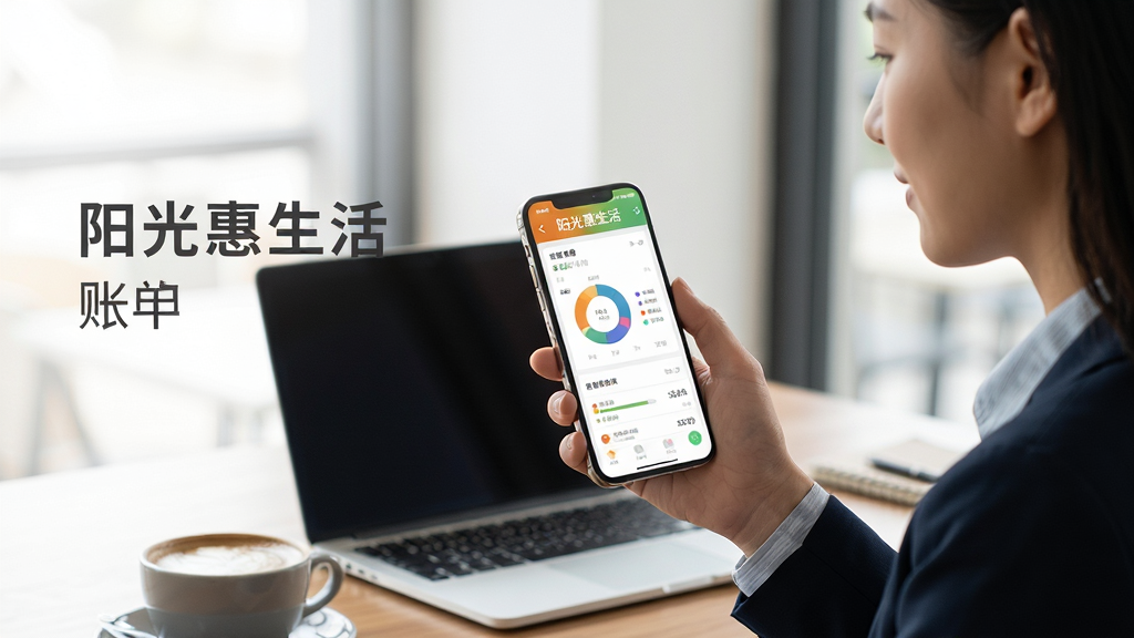 图片主体为一位年轻白领手持手机,手机屏幕显示“阳光惠生活”APP的账单明细界面,包含清晰的消费分类图表。前景桌面摆放着咖啡与笔记本电脑,营造出轻松的办公氛围。布局采用侧视构图,主体人物位于画面右侧三分之一处,左侧为留白与文字说明区域。风格为写实摄影风,细节体现屏幕图表的清晰与手机质感,画质细腻干净,无多余元素。