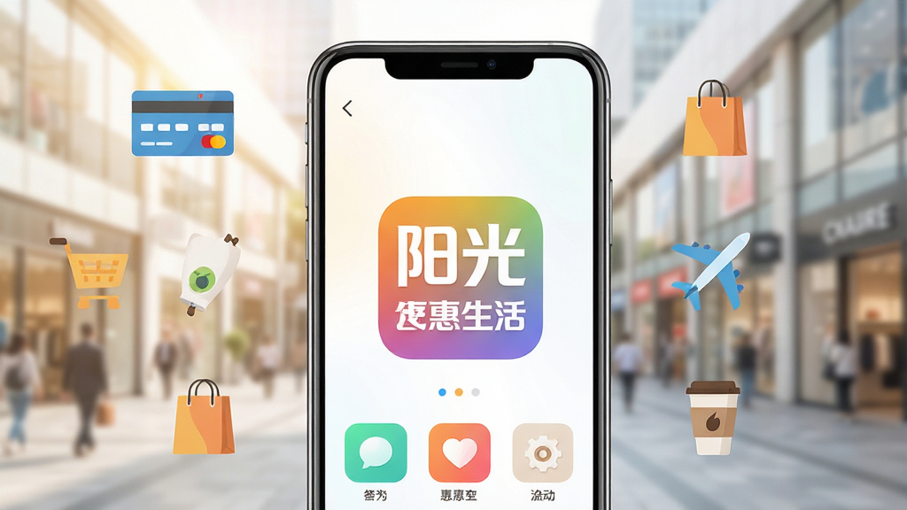 画面主体为一部亮屏的智能手机,屏幕正中央展示“阳光惠生活”APP的彩色logo与主界面,背景为模糊处理的现代都市繁华商圈,光影明亮柔和。整体布局以手机为中心,周围点缀有信用卡、购物袋、飞机、咖啡杯等扁平化小图标,排版疏朗有致。风格偏向商业科技感,细节上突出屏幕界面的清晰与流畅,画质高清干净,无多余元素。