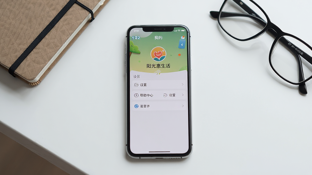 图片主体为一部智能手机平放在桌面上,屏幕显示“阳光惠生活”APP的“我的”个人中心页面,页面中清晰可见“设置”、“帮助中心”等菜单选项。背景为简洁的办公桌面,摆放着笔记本和眼镜。布局采用俯拍视角,主体居中,光线自然柔和。风格为清晰的实拍图,细节注重屏幕内容的可读性,画质干净整洁,无多余元素。