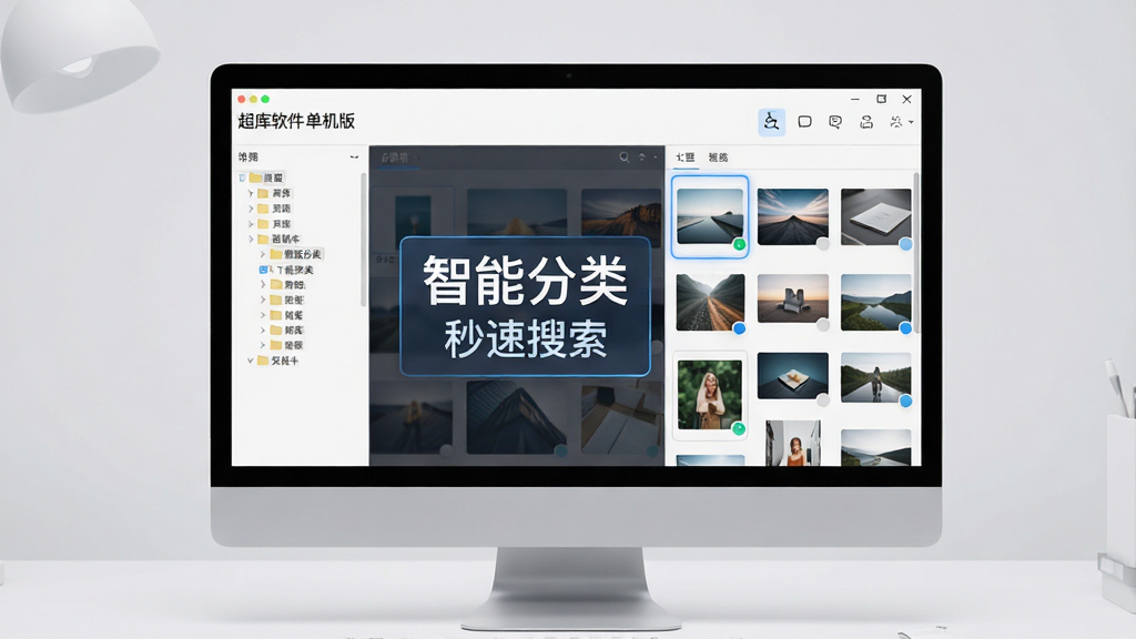 主体:超级图库管理软件单机版在电脑屏幕上的界面展示,背景是干净的浅灰色工作室,布局:电脑屏幕居中,左侧有分类文件夹树状图,右侧为图片瀑布流缩略图,排版:界面清晰,功能图标整齐排列,风格:现代简约科技感,细节:屏幕中高亮显示“智能分类”和“秒速搜索”字样,画质:4K超清,干净,无多余元素