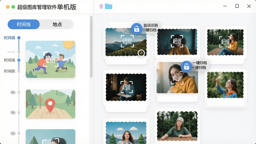 主体:超级图库管理软件单机版自动分类功能演示,布局:左侧是“时间线”和“地点”标签,右侧图片自动归入对应文件夹,排版:分类卡片式布局,错落有致,风格:扁平化设计,色彩明快,细节:图片上悬浮着“自动识别”和“一键归档”的小图标,画质:高清,干净,无多余元素