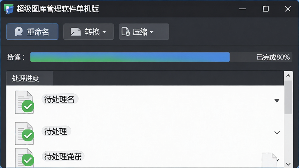 主体:超级图库管理软件单机版的批量处理操作面板,布局:上方是功能按钮栏(重命名、转换、压缩),下方是处理进度条,排版:列表式展示待处理文件,风格:商务简洁风,细节:进度条显示“已完成80%”,文件缩略图带有绿色对勾,画质:清晰锐利,干净,无多余元素