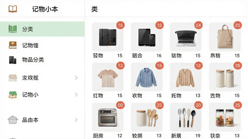 画面展示“记物小本”应用的物品分类管理界面,左侧为分类列表,右侧为对应分类下的物品缩略图,分类图标包含书籍、电子产品、衣物、厨房用具等。整体界面以白色为底色,分类栏为浅绿色高亮,物品图片排列整齐,带有名称和数量角标。布局清晰,风格简约清新,细节精致,画质高清,干净无多余元素。
